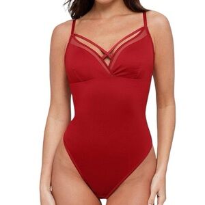 POPILUSH womens red wirefree black Sheer Mesh Shapewear Sleeveless Bodysuit NWT